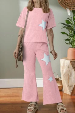 Outlet Dear-Lover Acid Wash Star Patched Rolled Trim Pants Set Light Pink