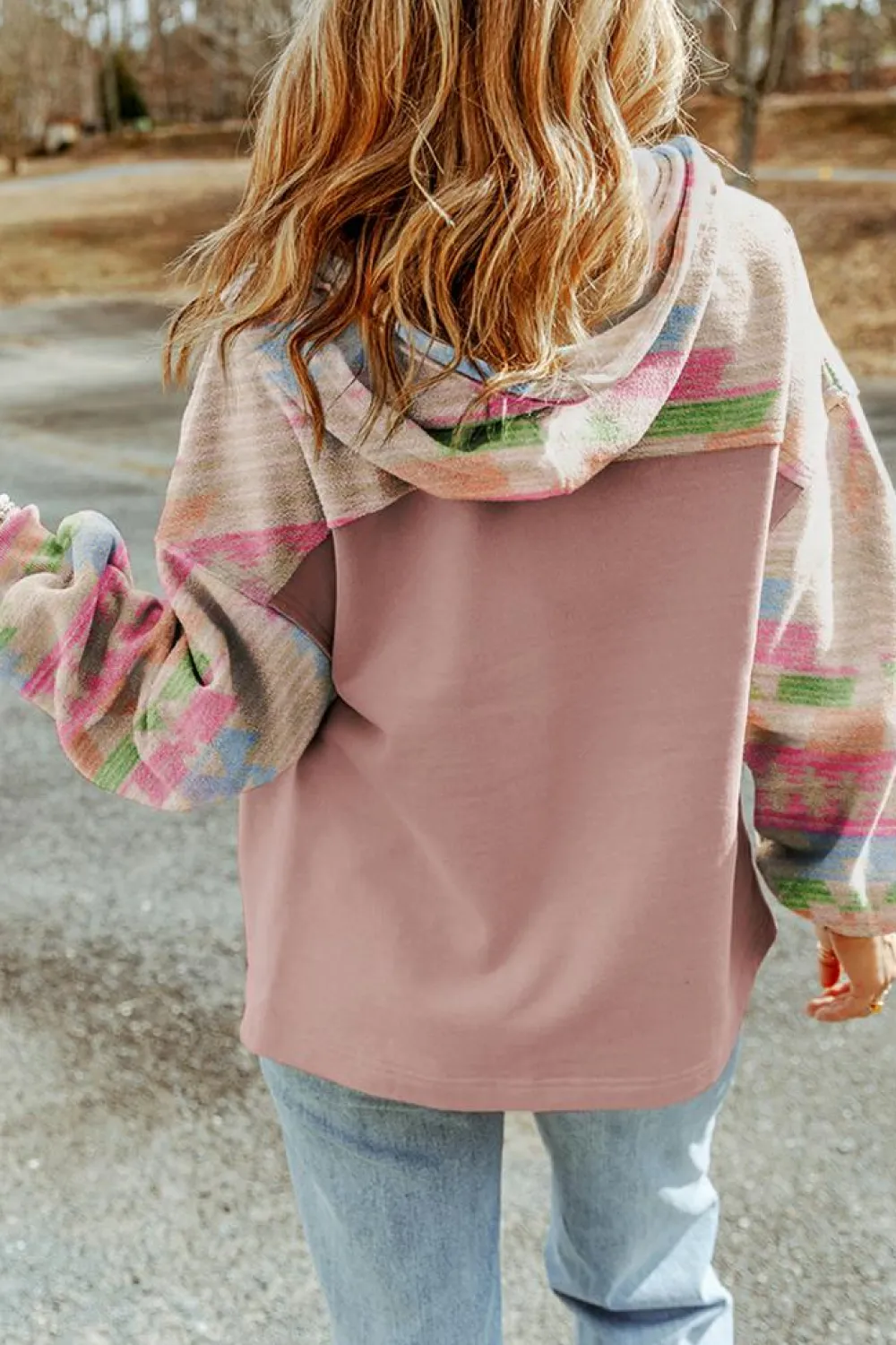 New Dear-Lover Aztec Patch Drawstring Hooded Zip Up Jacket Light Pink