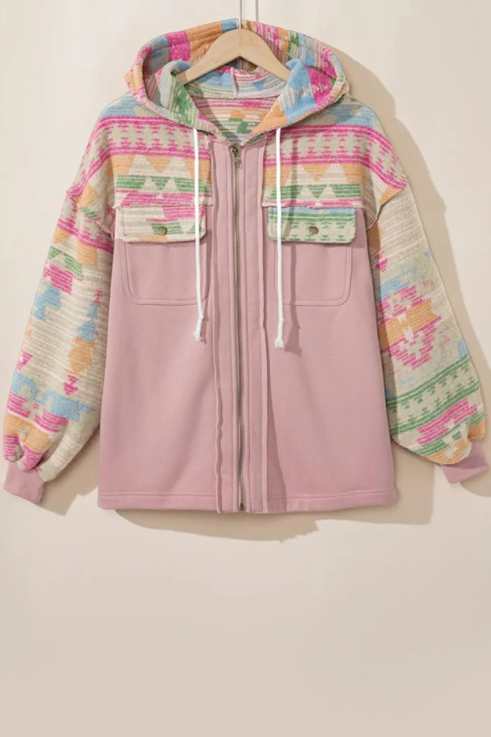 New Dear-Lover Aztec Patch Drawstring Hooded Zip Up Jacket Light Pink