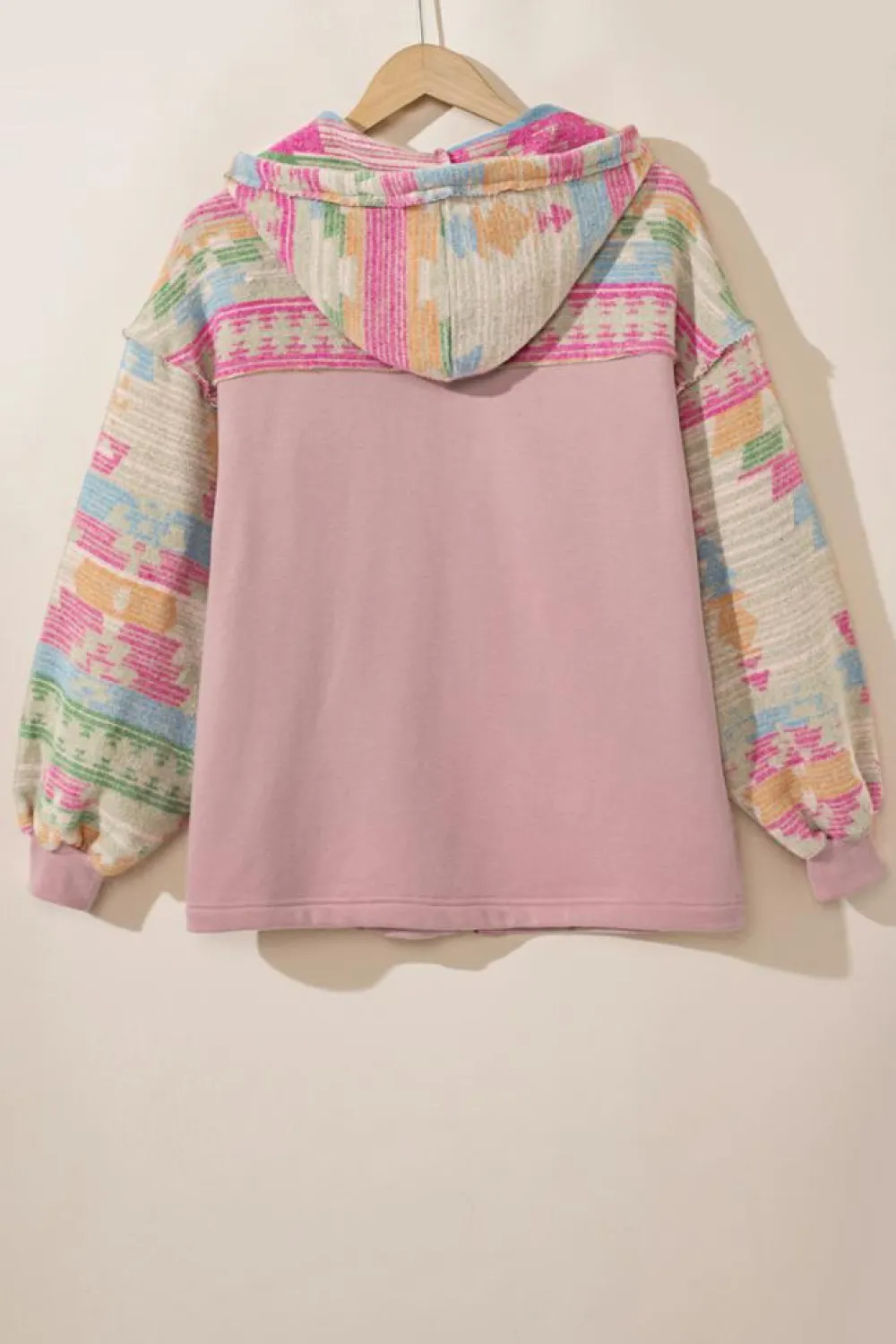 New Dear-Lover Aztec Patch Drawstring Hooded Zip Up Jacket Light Pink