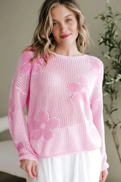 Outlet Dear-Lover Big Flower Hollowed Knit Drop Shoulder Sweater Light Pink