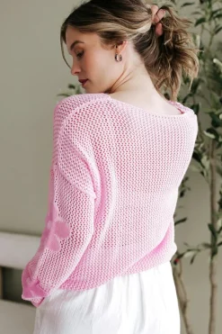 Outlet Dear-Lover Big Flower Hollowed Knit Drop Shoulder Sweater Light Pink