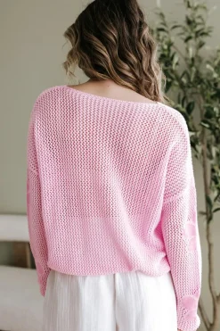 Outlet Dear-Lover Big Flower Hollowed Knit Drop Shoulder Sweater Light Pink