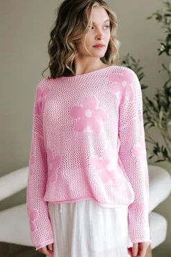 Outlet Dear-Lover Big Flower Hollowed Knit Drop Shoulder Sweater Light Pink