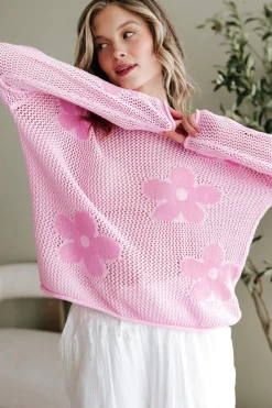 Outlet Dear-Lover Big Flower Hollowed Knit Drop Shoulder Sweater Light Pink