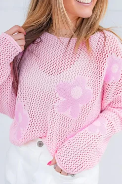 Outlet Dear-Lover Big Flower Hollowed Knit Drop Shoulder Sweater Light Pink
