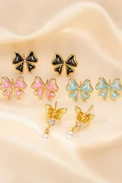 New Dear-Lover Bow Knot Enamel Stud Earrings Light Pink