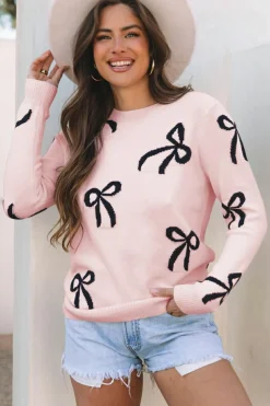 New Dear-Lover Bow Pattern Knitted Loose Fit Sweater Light Pink