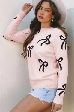 New Dear-Lover Bow Pattern Knitted Loose Fit Sweater Light Pink
