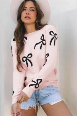New Dear-Lover Bow Pattern Knitted Loose Fit Sweater Light Pink