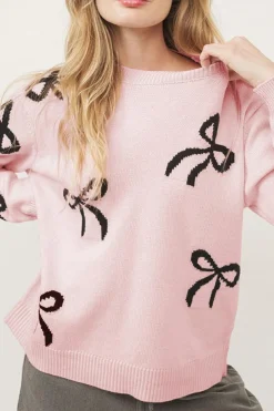New Dear-Lover Bow Pattern Knitted Loose Fit Sweater Light Pink
