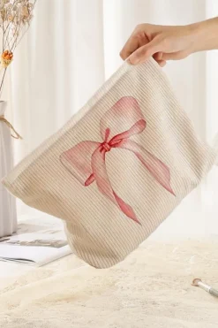 Best Dear-Lover Bowknot Pattern Print Corduroy Zipper Large Cosmetic Bag Light Pink
