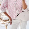 Online Dear-Lover Checkered Knitted Lace-up Ruffled 3/4 Sleeve Cardigan Light Pink