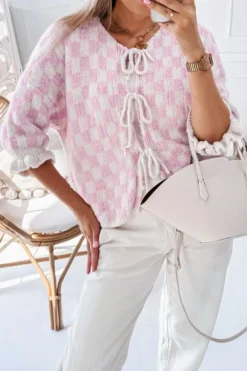 Online Dear-Lover Checkered Knitted Lace-up Ruffled 3/4 Sleeve Cardigan Light Pink