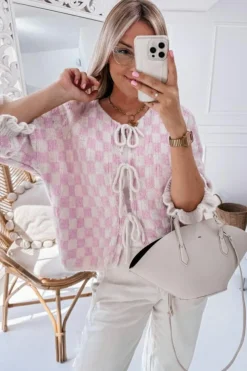 Online Dear-Lover Checkered Knitted Lace-up Ruffled 3/4 Sleeve Cardigan Light Pink
