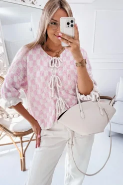 Online Dear-Lover Checkered Knitted Lace-up Ruffled 3/4 Sleeve Cardigan Light Pink