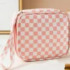 Fashion Dear-Lover Checkered Pattern Small Cosmetic Bag Light Pink