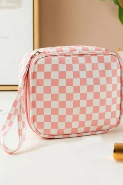 Fashion Dear-Lover Checkered Pattern Small Cosmetic Bag Light Pink