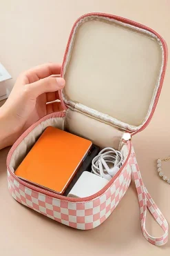 Fashion Dear-Lover Checkered Pattern Small Cosmetic Bag Light Pink