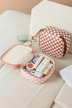 Fashion Dear-Lover Checkered Pattern Small Cosmetic Bag Light Pink
