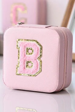 Clearance Dear-Lover Chenille B Graphic Portable Jewelry Case with Mirror Light Pink
