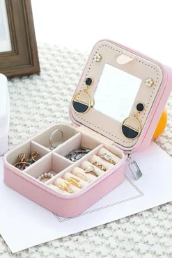 Clearance Dear-Lover Chenille B Graphic Portable Jewelry Case with Mirror Light Pink