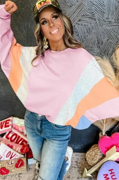 New Dear-Lover Color Block Batwing Sleeve Loose Fit Sweatshirt Light Pink