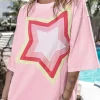 New Dear-Lover Colorblock Star Patched Half Sleeve Oversized Tee Light Pink