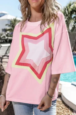 New Dear-Lover Colorblock Star Patched Half Sleeve Oversized Tee Light Pink