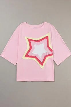 New Dear-Lover Colorblock Star Patched Half Sleeve Oversized Tee Light Pink