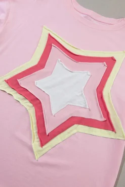 New Dear-Lover Colorblock Star Patched Half Sleeve Oversized Tee Light Pink