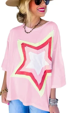 New Dear-Lover Colorblock Star Patched Half Sleeve Oversized Tee Light Pink