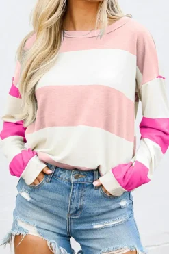 Online Dear-Lover Colorblock Striped Drop Shoulder Long Sleeve Top Light Pink