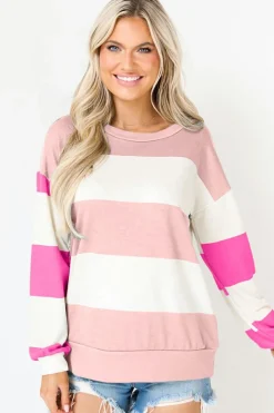 Online Dear-Lover Colorblock Striped Drop Shoulder Long Sleeve Top Light Pink