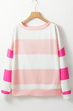 Online Dear-Lover Colorblock Striped Drop Shoulder Long Sleeve Top Light Pink