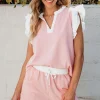 Online Dear-Lover Contrast Trim Ruffled Top and Drawstring Shorts Set Light Pink