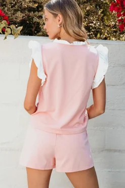 Online Dear-Lover Contrast Trim Ruffled Top and Drawstring Shorts Set Light Pink