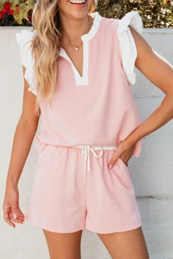Online Dear-Lover Contrast Trim Ruffled Top and Drawstring Shorts Set Light Pink
