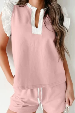 Online Dear-Lover Contrast Trim Ruffled Top and Drawstring Shorts Set Light Pink
