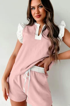 Online Dear-Lover Contrast Trim Ruffled Top and Drawstring Shorts Set Light Pink