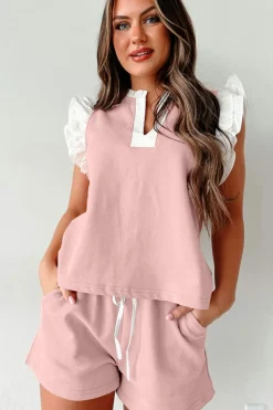 Online Dear-Lover Contrast Trim Ruffled Top and Drawstring Shorts Set Light Pink
