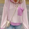 Fashion Dear-Lover Corded Colorblock Patch Pocket Drawstring Hooded Top Light Pink