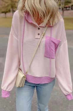 Fashion Dear-Lover Corded Colorblock Patch Pocket Drawstring Hooded Top Light Pink