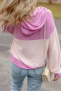 Fashion Dear-Lover Corded Colorblock Patch Pocket Drawstring Hooded Top Light Pink