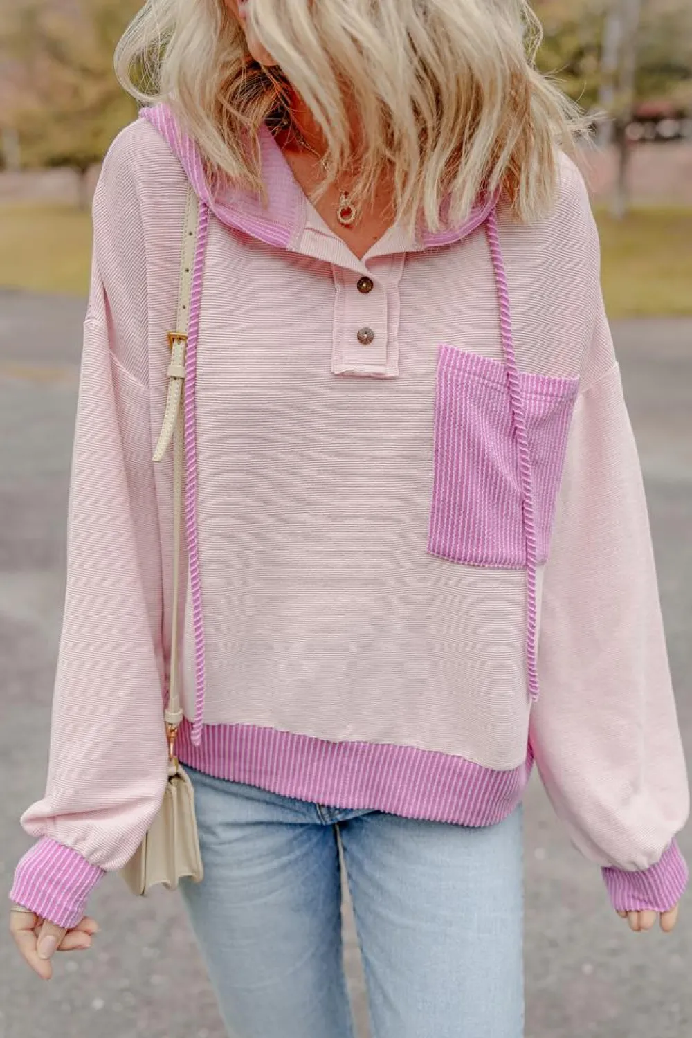 Fashion Dear-Lover Corded Colorblock Patch Pocket Drawstring Hooded Top Light Pink