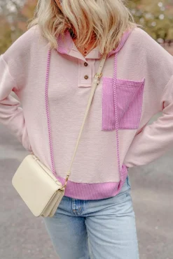 Fashion Dear-Lover Corded Colorblock Patch Pocket Drawstring Hooded Top Light Pink
