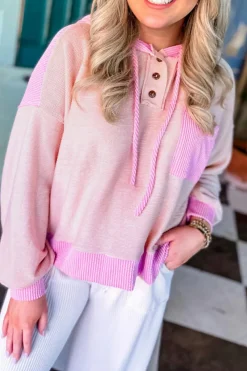 Fashion Dear-Lover Corded Colorblock Patch Pocket Drawstring Hooded Top Light Pink