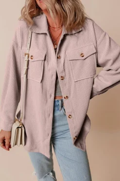 Best Dear-Lover Corduroy Flap Pocket Button Up Shacket Light Pink