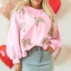 Outlet Dear-Lover Embroidered Bow Lantern Sleeve Oversized Pullover Sweatshirt Light Pink