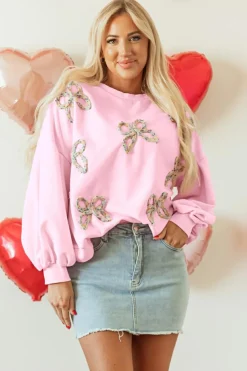 Outlet Dear-Lover Embroidered Bow Lantern Sleeve Oversized Pullover Sweatshirt Light Pink